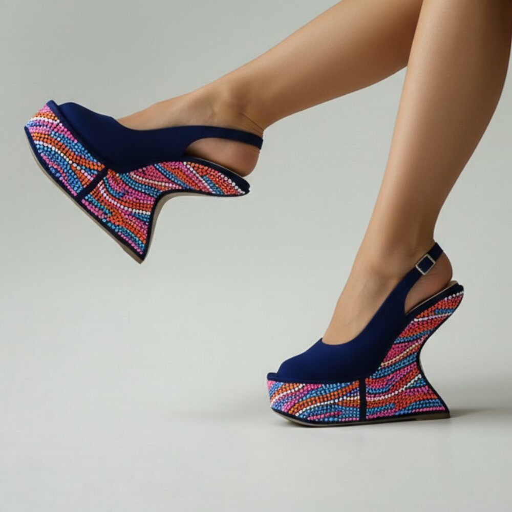 Mascotte Blue Rainbow Beaded Peep Toe Platform Slingback Wedge Carved Heels 8.5